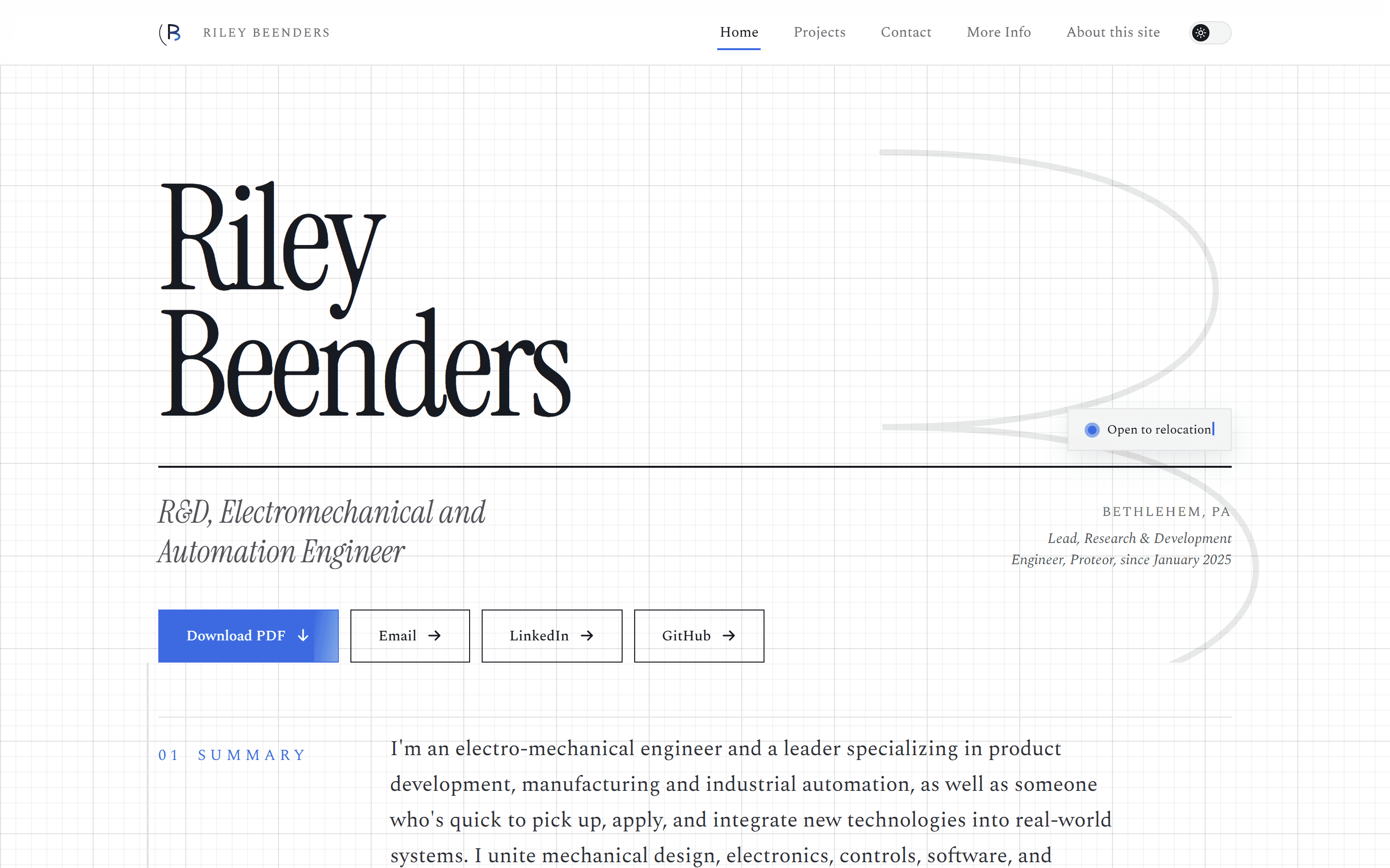The home page hero in light mode: the eyebrow, the two-line name, a hairline rule, and the action row over the blueprint grid.